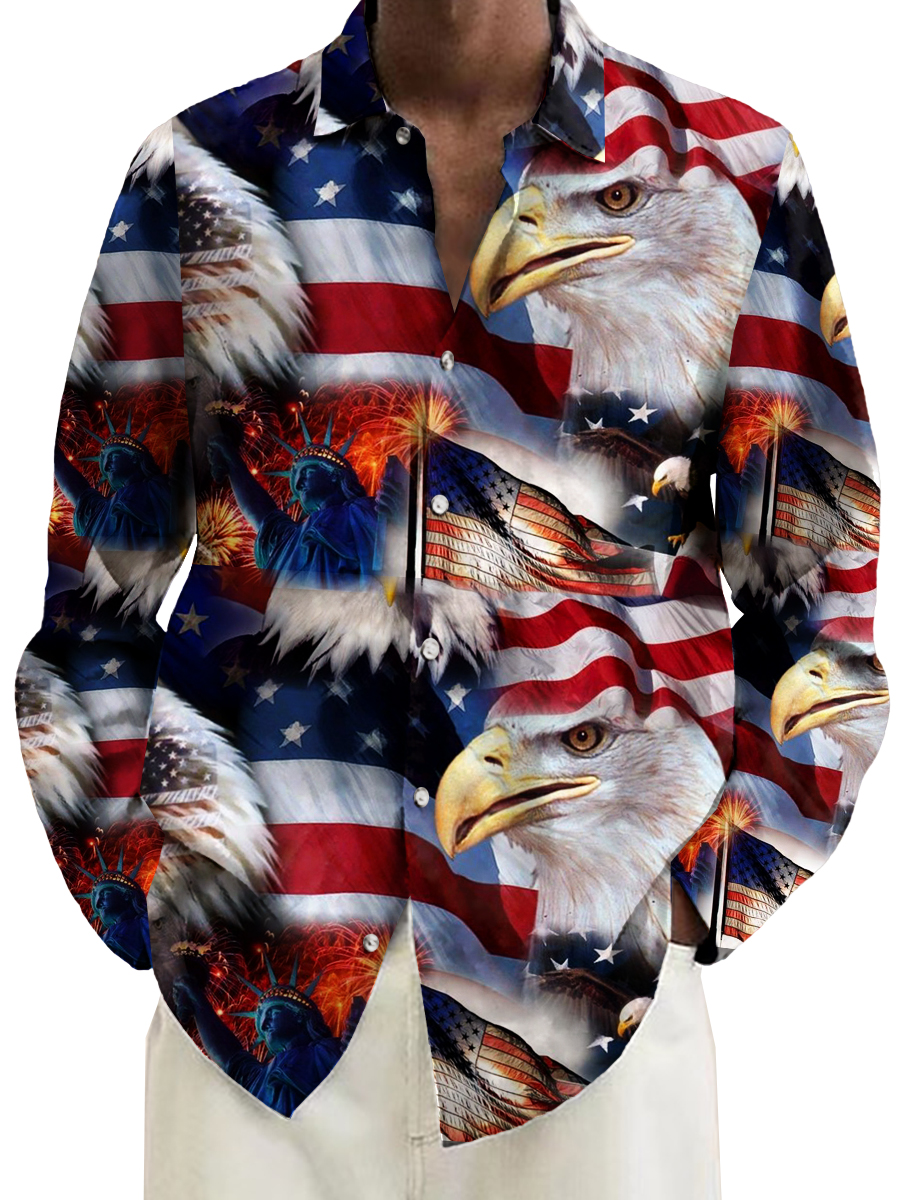 Men's Shirt America Eagle Print Casual Vacation Oversized Long Sleeve Shirt