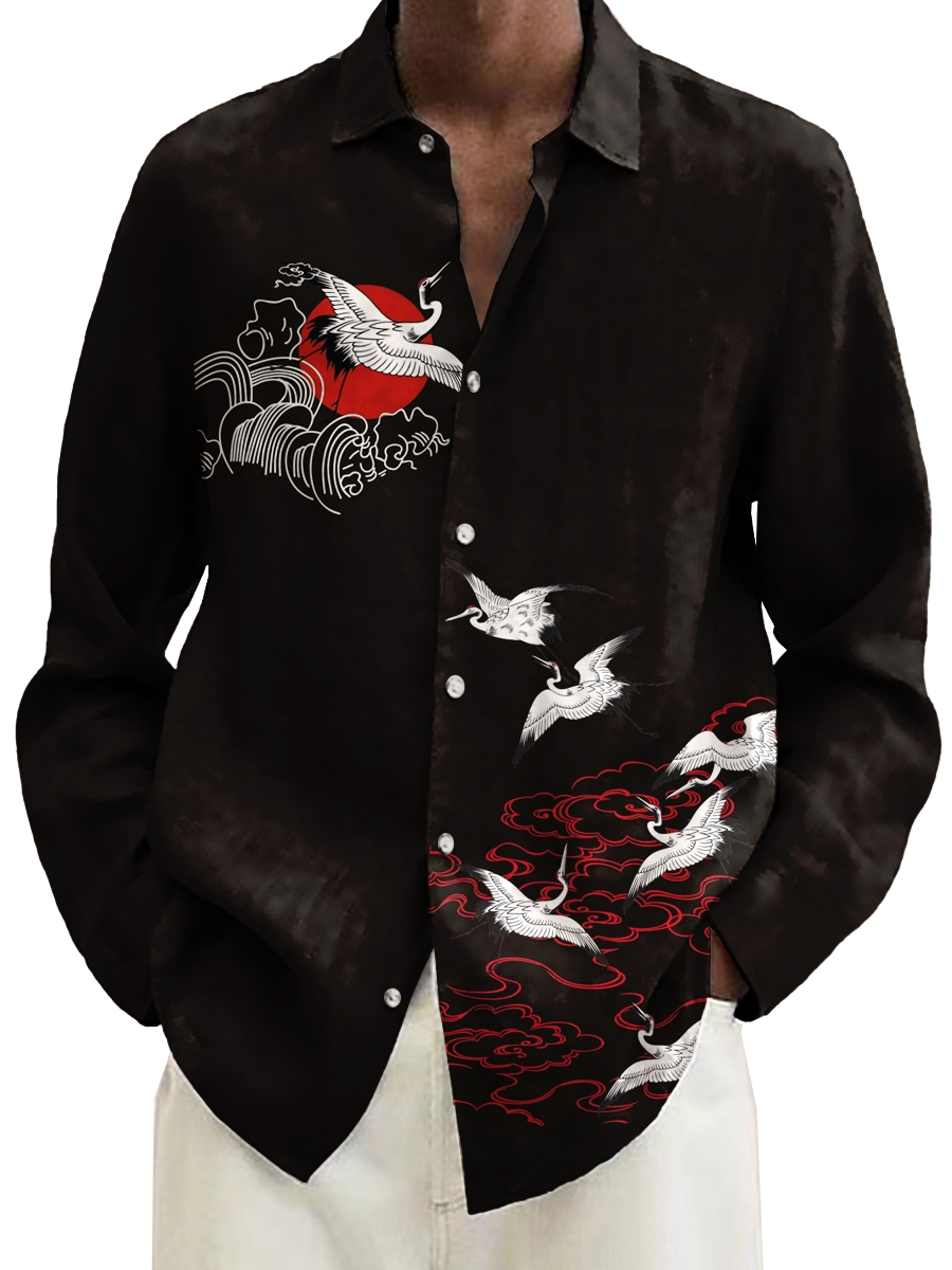 Men's Art Crane Print Long Sleeve Shirt