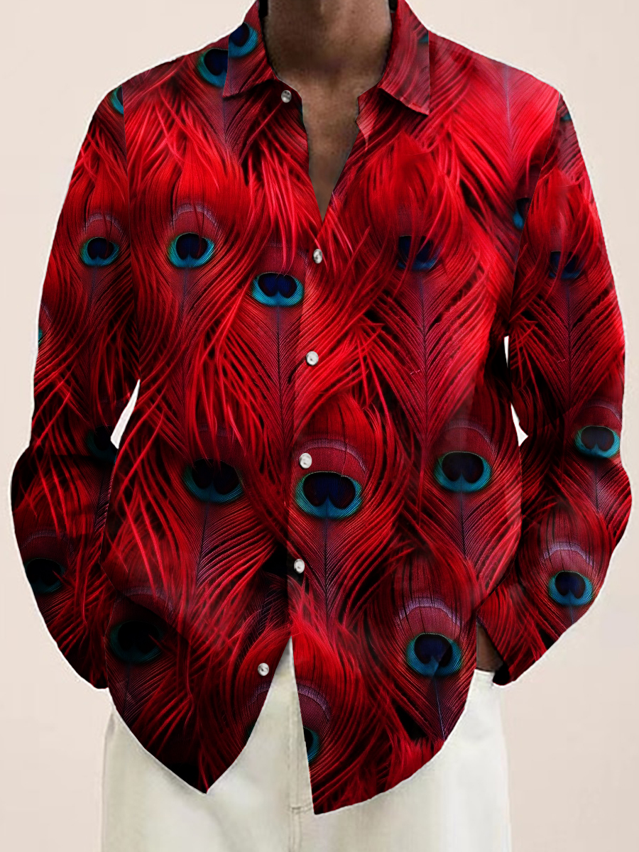 Art Peacock Feather Print Long Sleeve Hawaiian Shirt