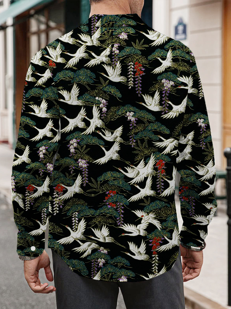 Men's Crane Print Long Sleeve Shirt