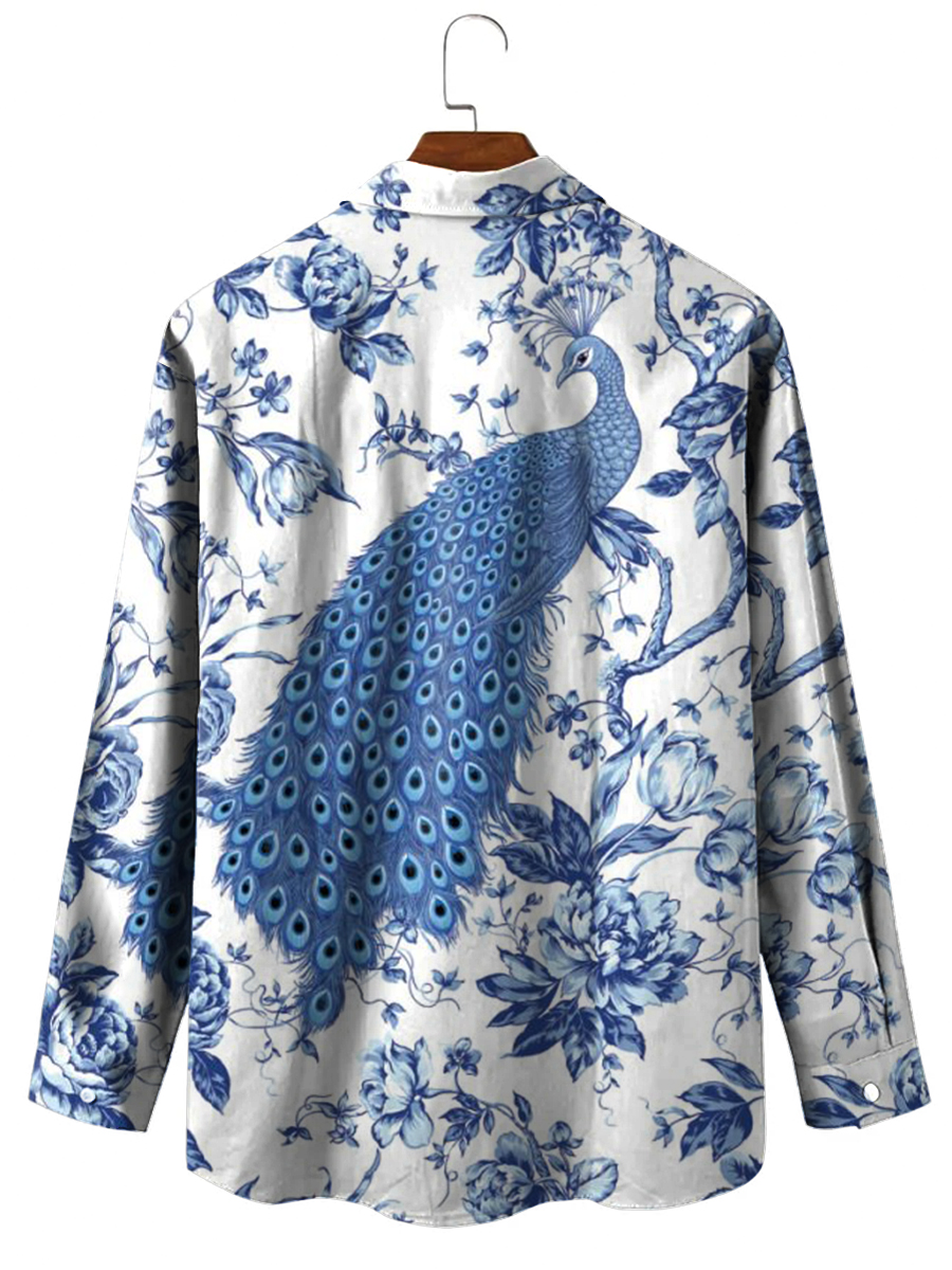 Men's Art Peacock Print Long Sleeve Shirt