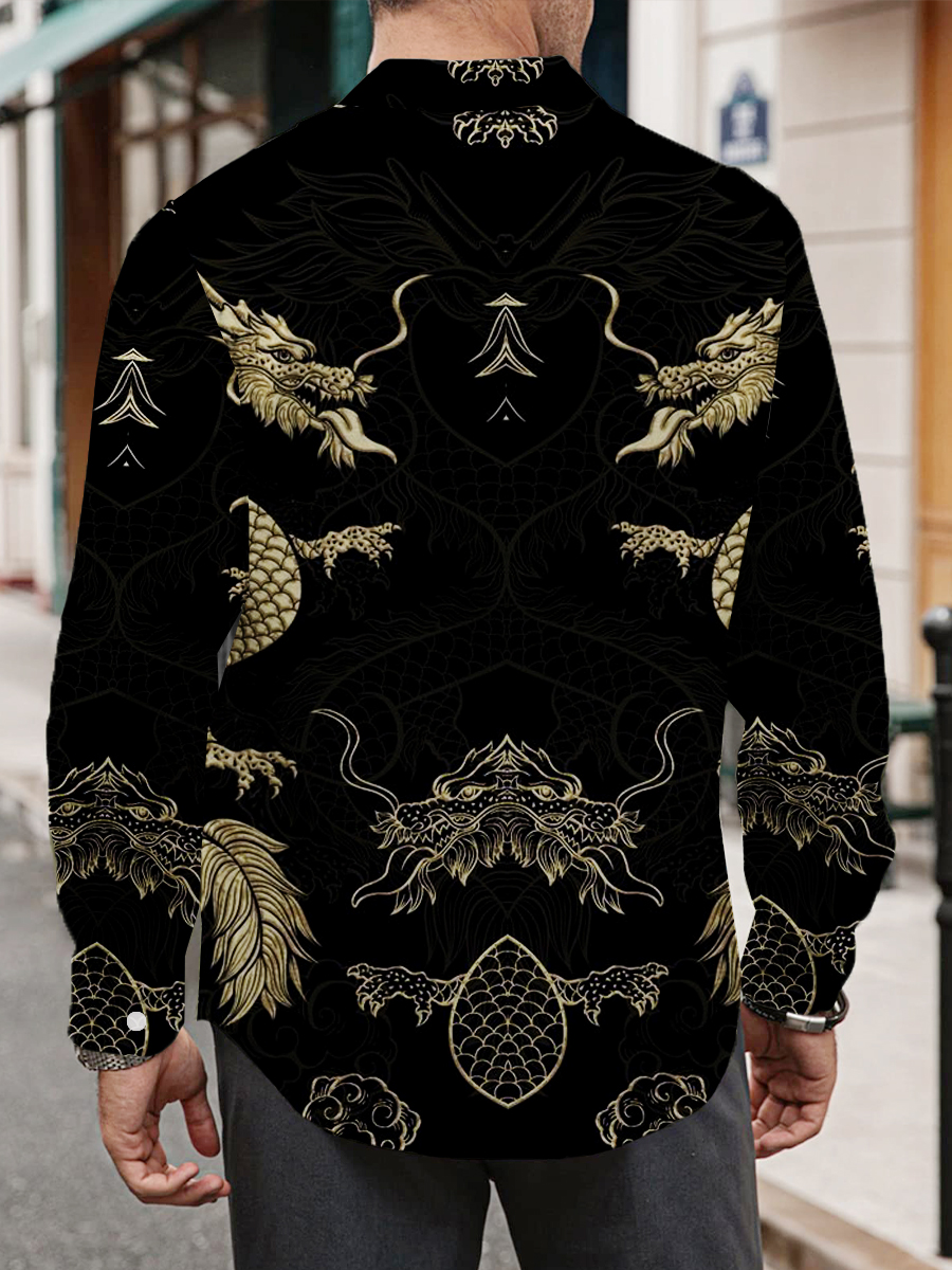 Traditional Chinese Loong Print Long Sleeve Hawaiian Shirt
