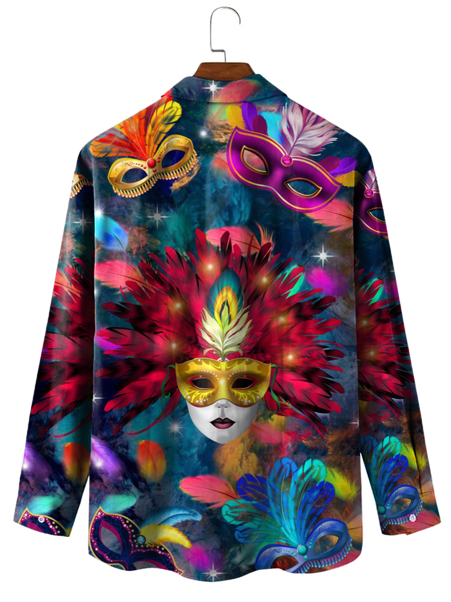 Men's Hawaiian Shirt Mask Of Mardi Gras Print Casual Vacation Oversized Long Sleeve Shirt
