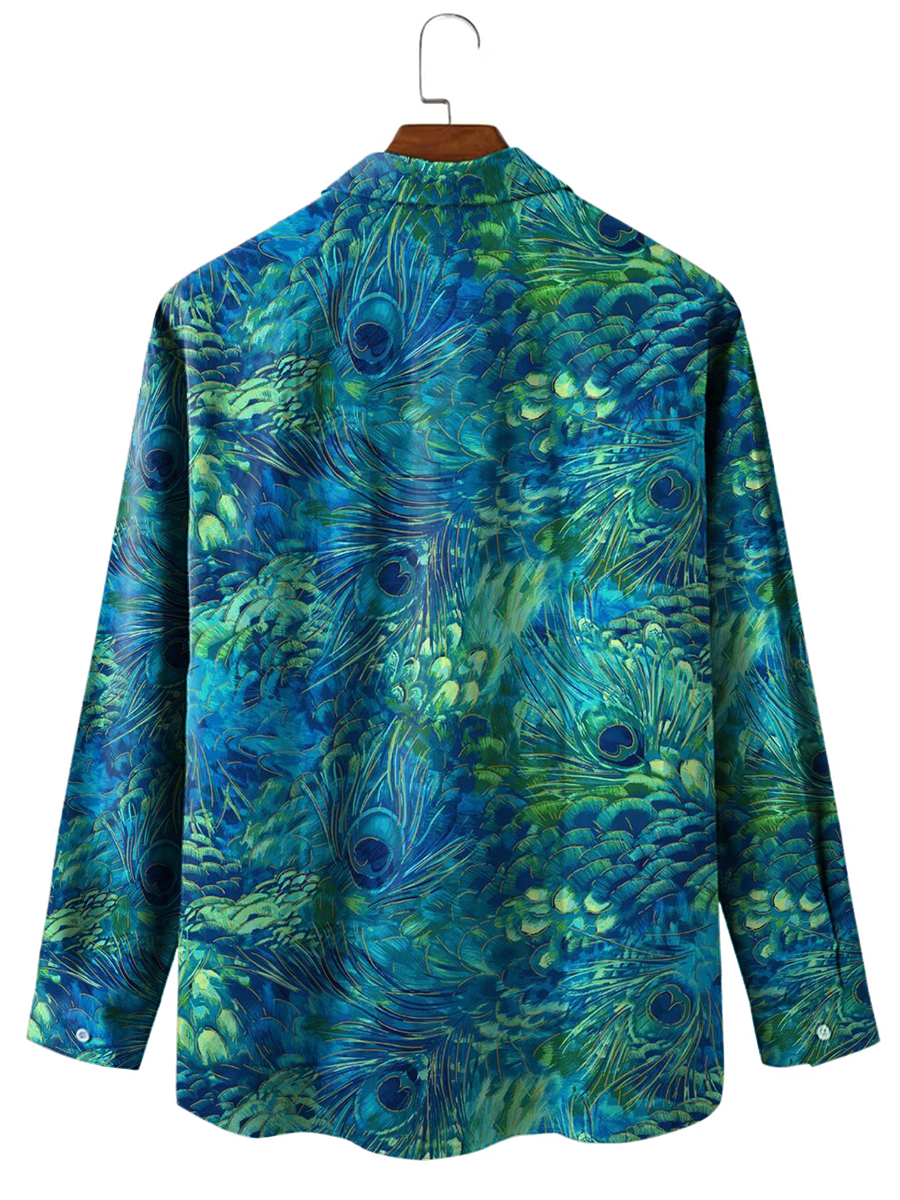 Men's Hawaiian Shirt Peacock Feather Print Casual Vacation Oversized Long Sleeve Shirt