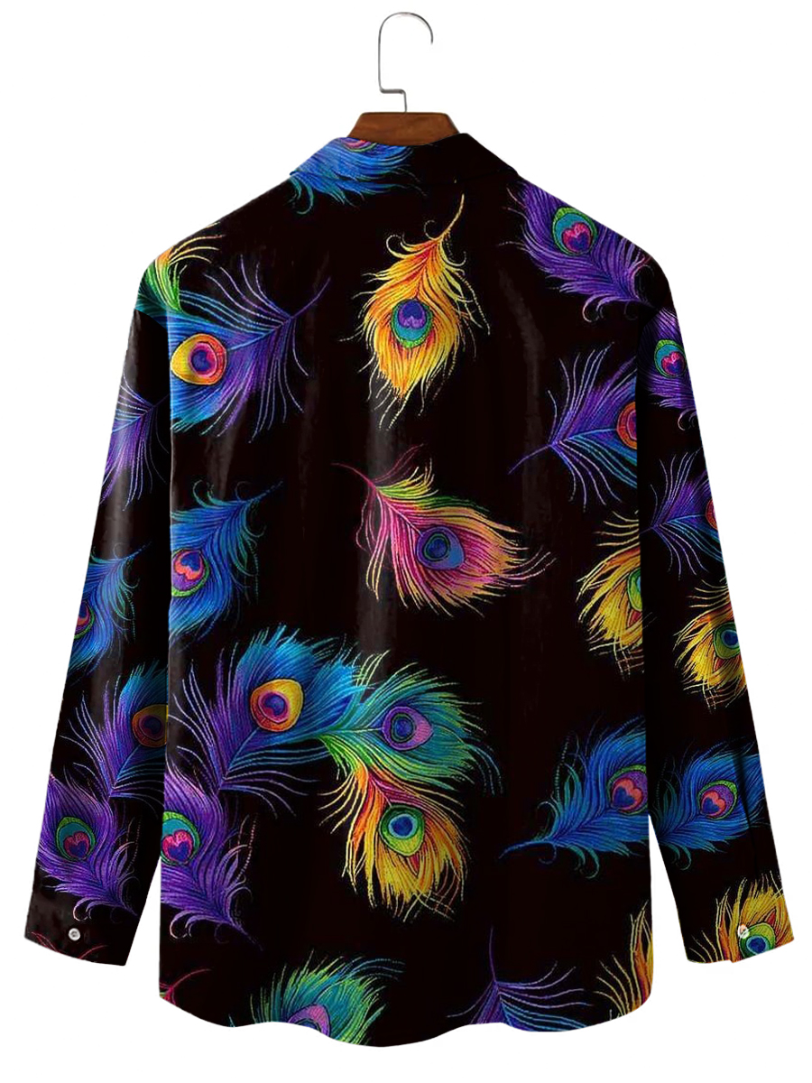 Men's Hawaiian Shirt Rainbow Peacock Feather Print Casual Vacation Long Sleeve Shirt