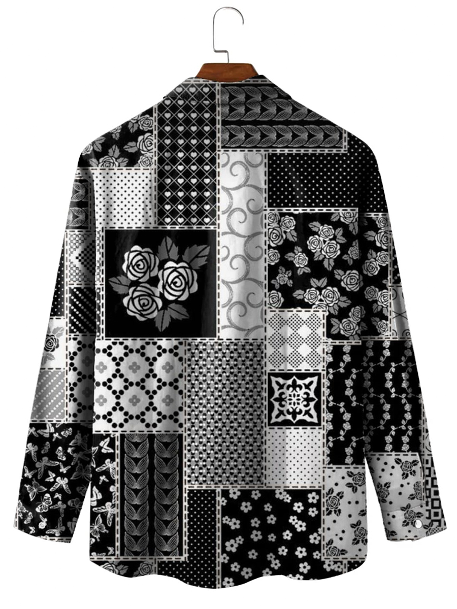 Men's Hawaiian Shirt Vintage Square Pattern Print Casual Vacation Oversized Long Sleeve Shirt