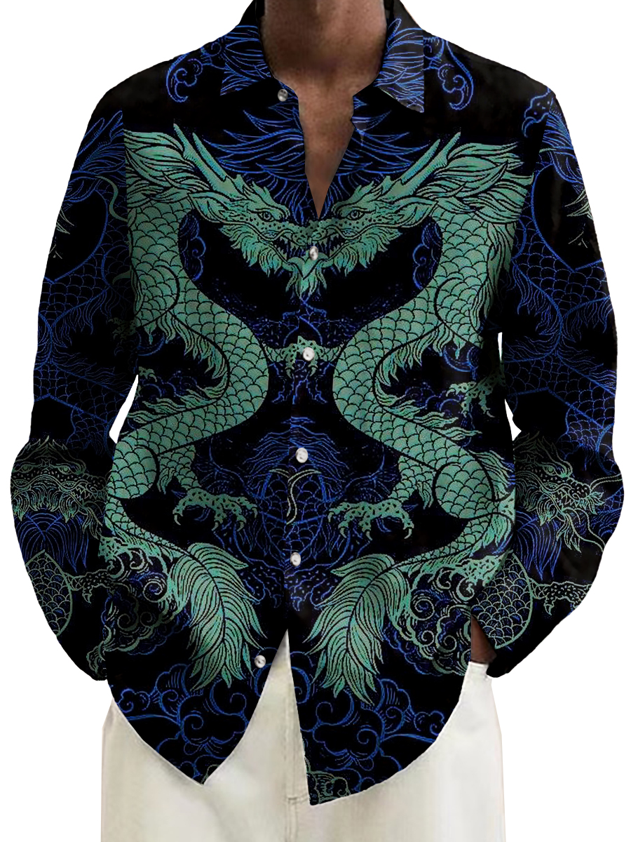 Traditional Chinese Loong Print Long Sleeve Hawaiian Shirt