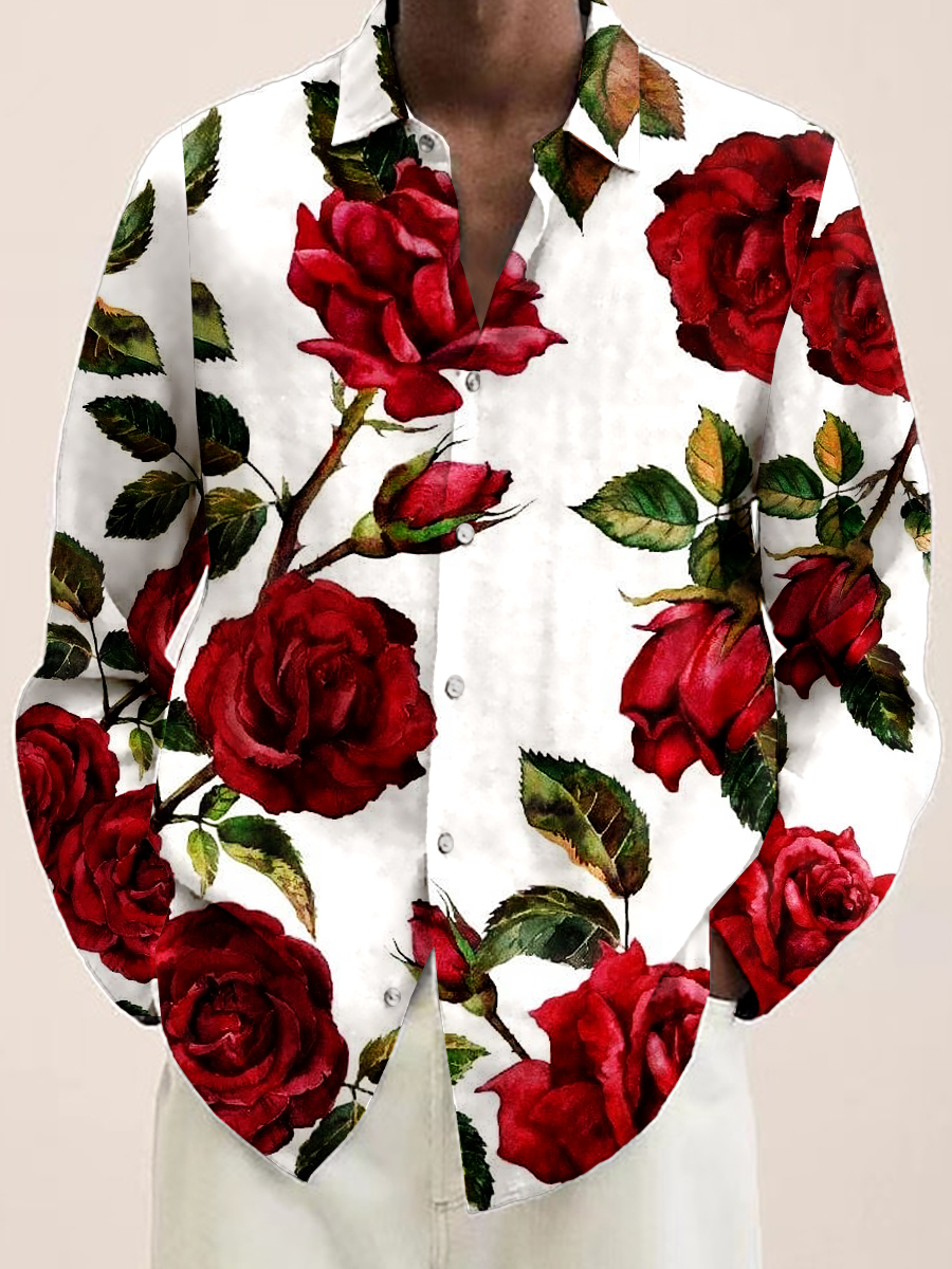 Men's Hawaiian Shirt Rose Print Casual Vacation Oversized Long Sleeve Shirt
