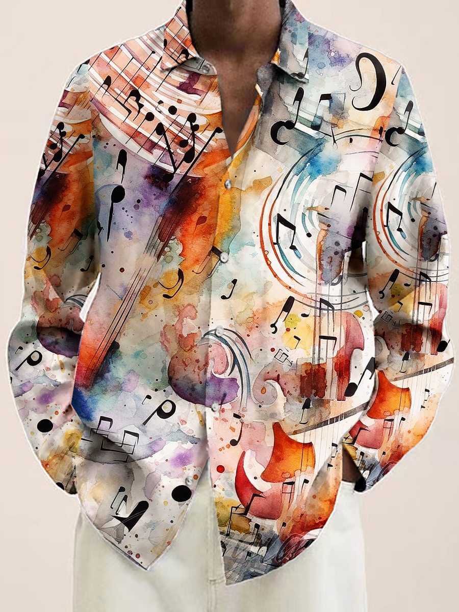 Men's Musical Note Print Long Sleeve Shirt