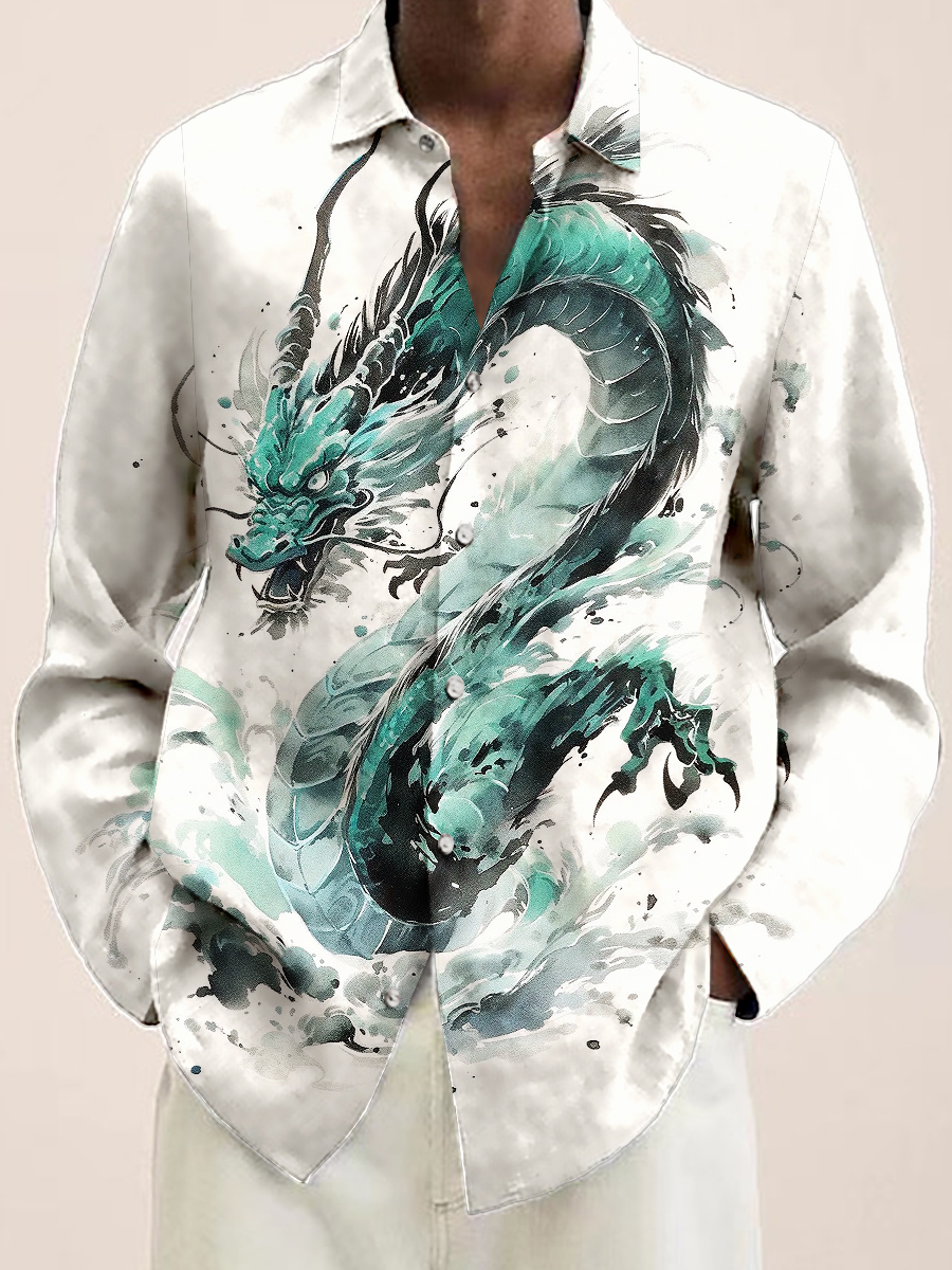 Dragon Pattern Long Sleeve Hawaiian Shirt