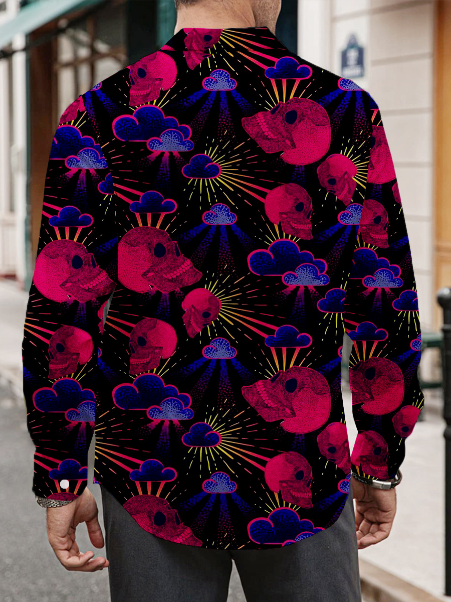 Red Skull Print Long Sleeve Hawaiian Shirt