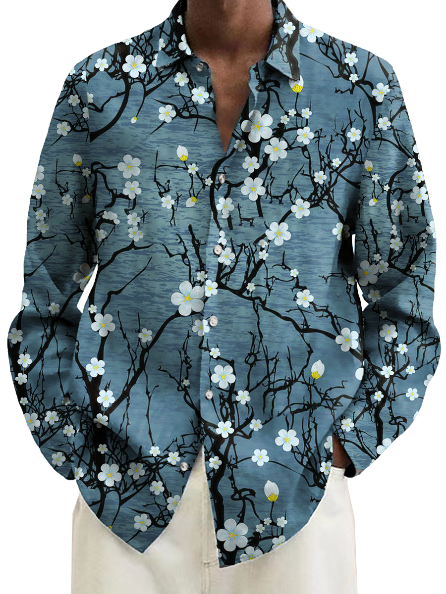 Men's Shirt Plum Bloom Print Casual Vacation Oversized Long Sleeve Shirt