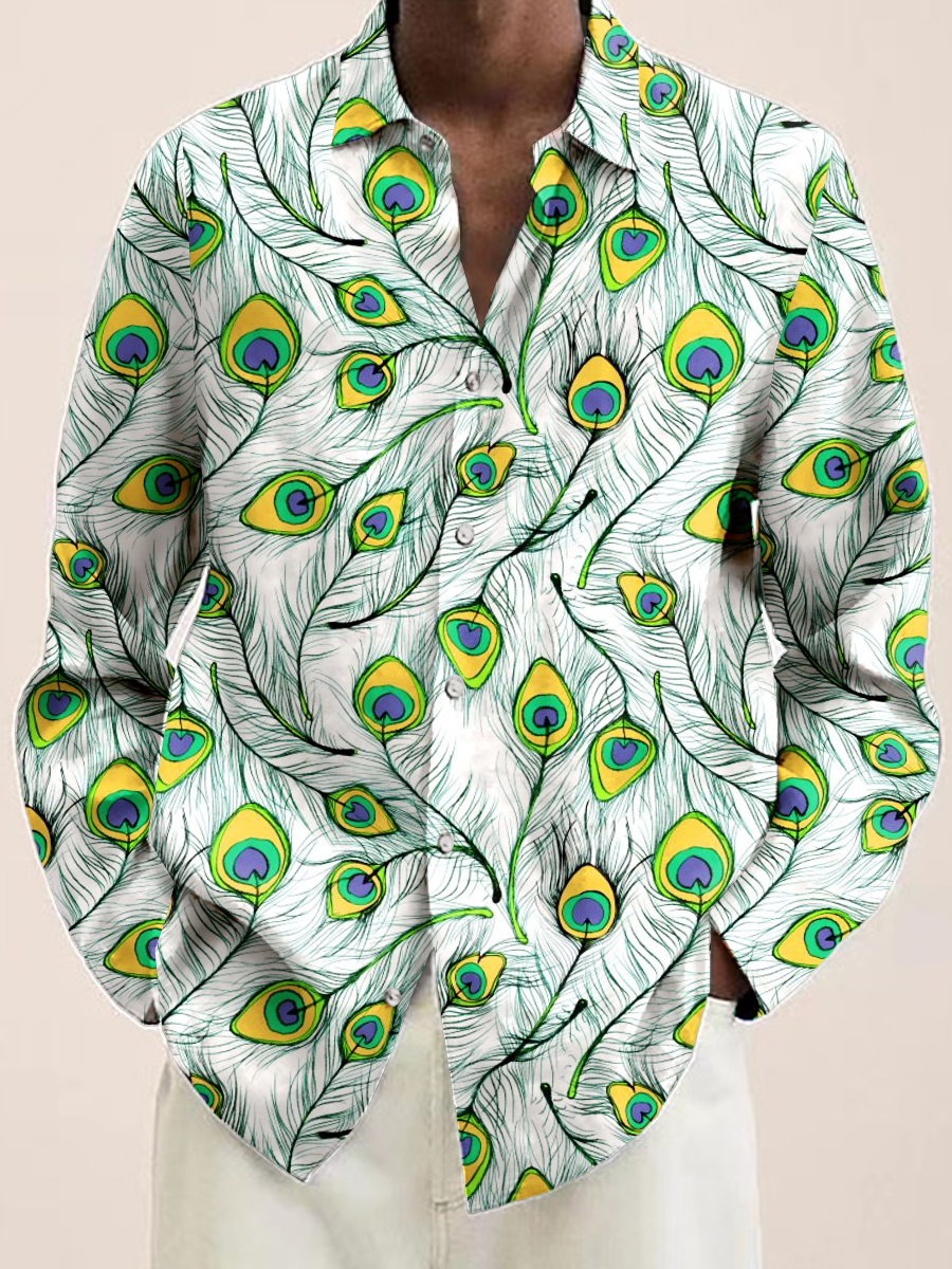 Men's Art Peacock Feather Print Long Sleeve Shirt