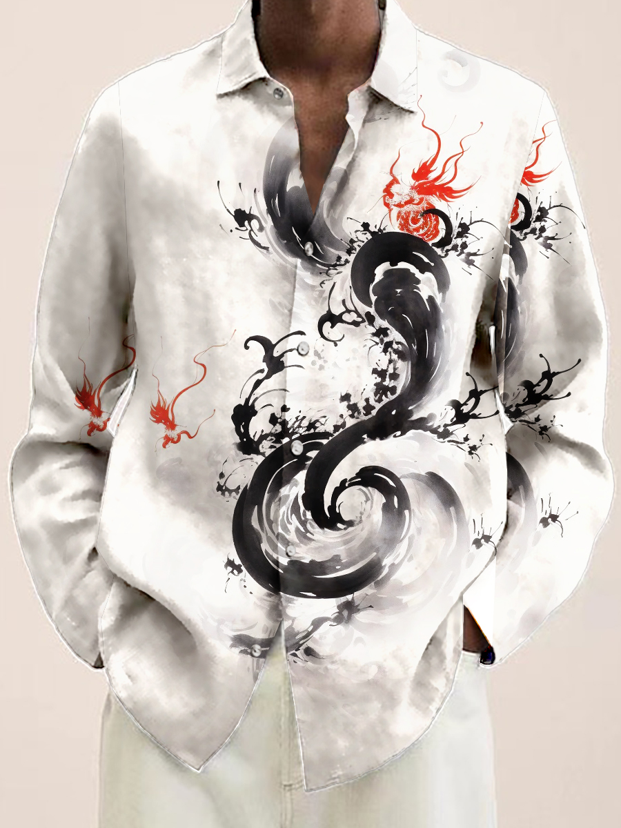 Men's Ink Style Dragon Print Long Sleeve Shirt
