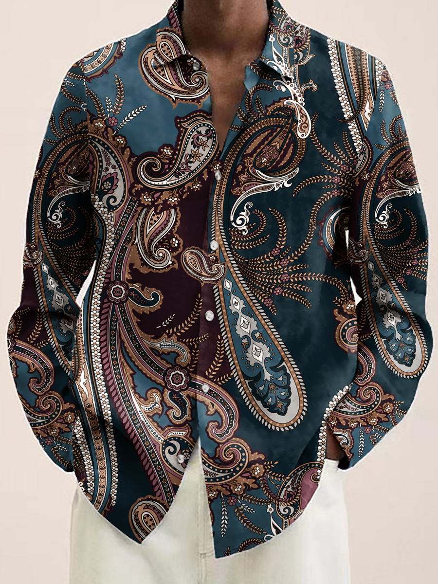 Men's Art Paisley Colorblock Print Long Sleeve Shirt