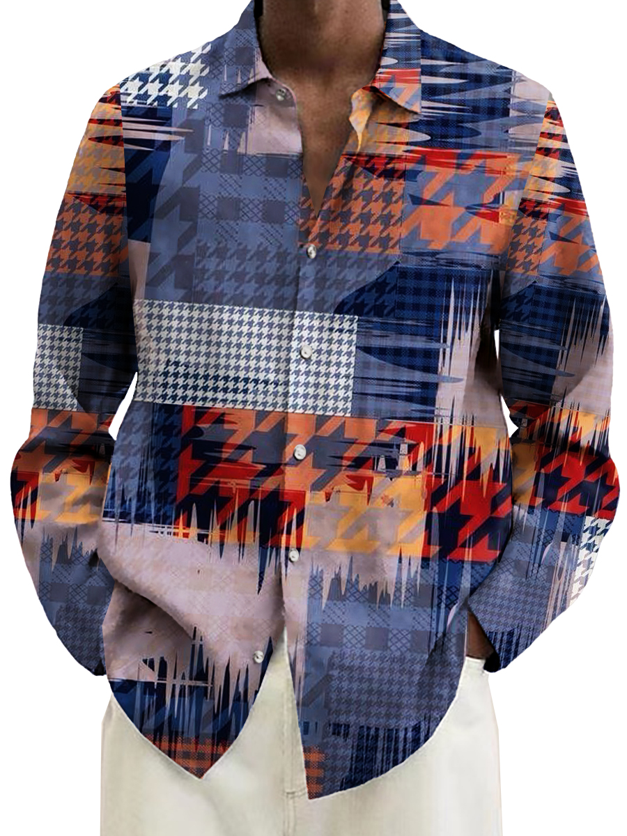 Men's Plaid Patchwork Print Long Sleeve Shirt