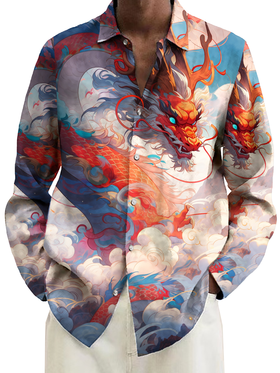 Men's Shirt Dragon In The Cloud Print Casual Vacation Oversized Long Sleeve Shirt