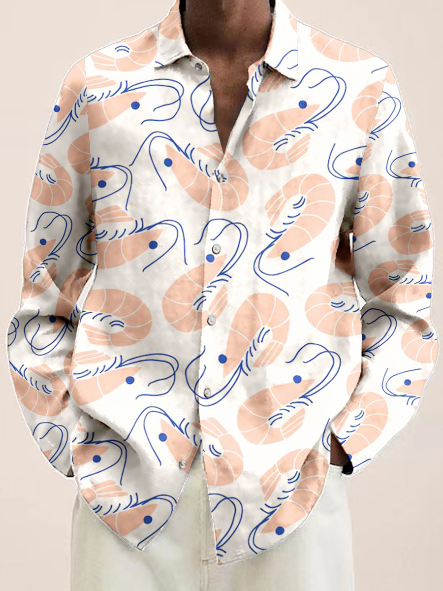 Men's Art Shrimp Print Long Sleeve Shirt