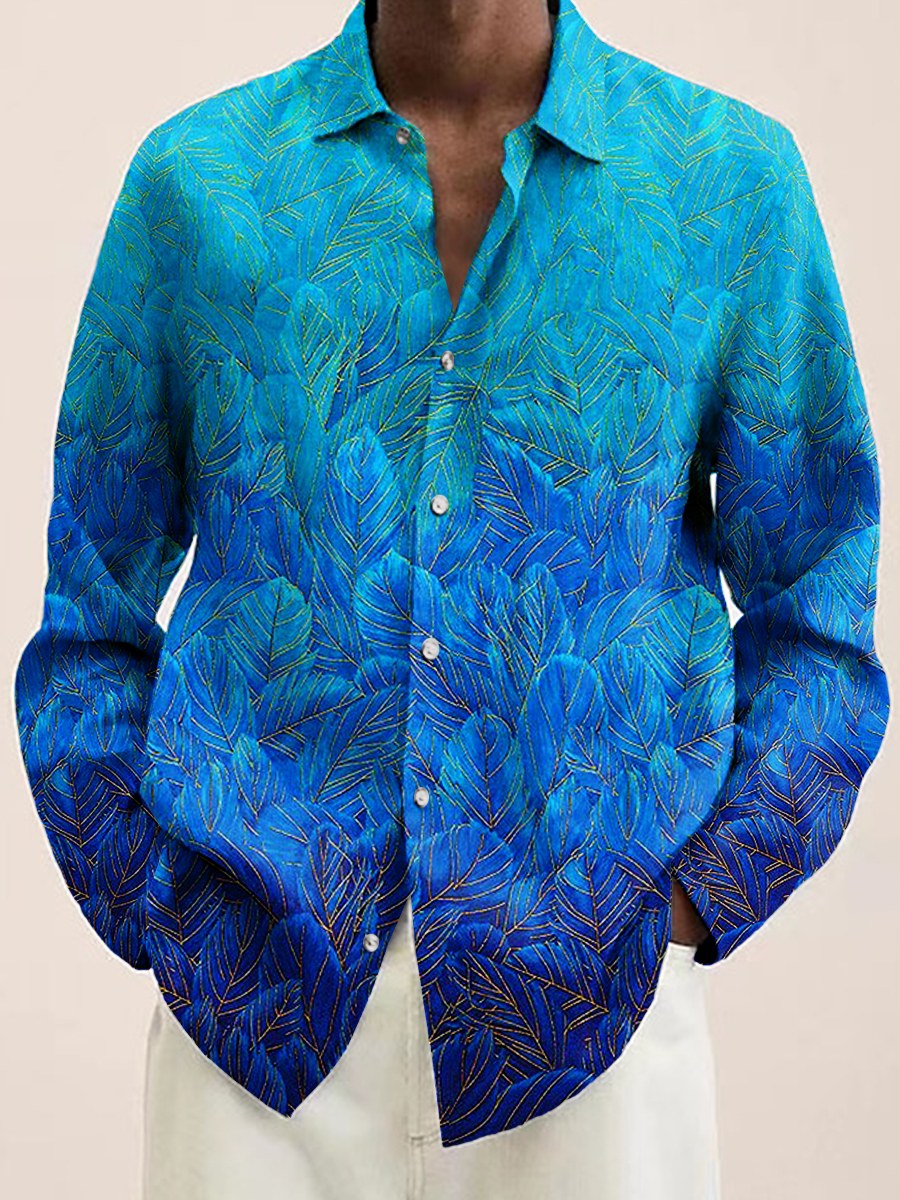 Men's Hawaiian Shirt Blue Feather Print Casual Vacation Oversized Long Sleeve Shirt