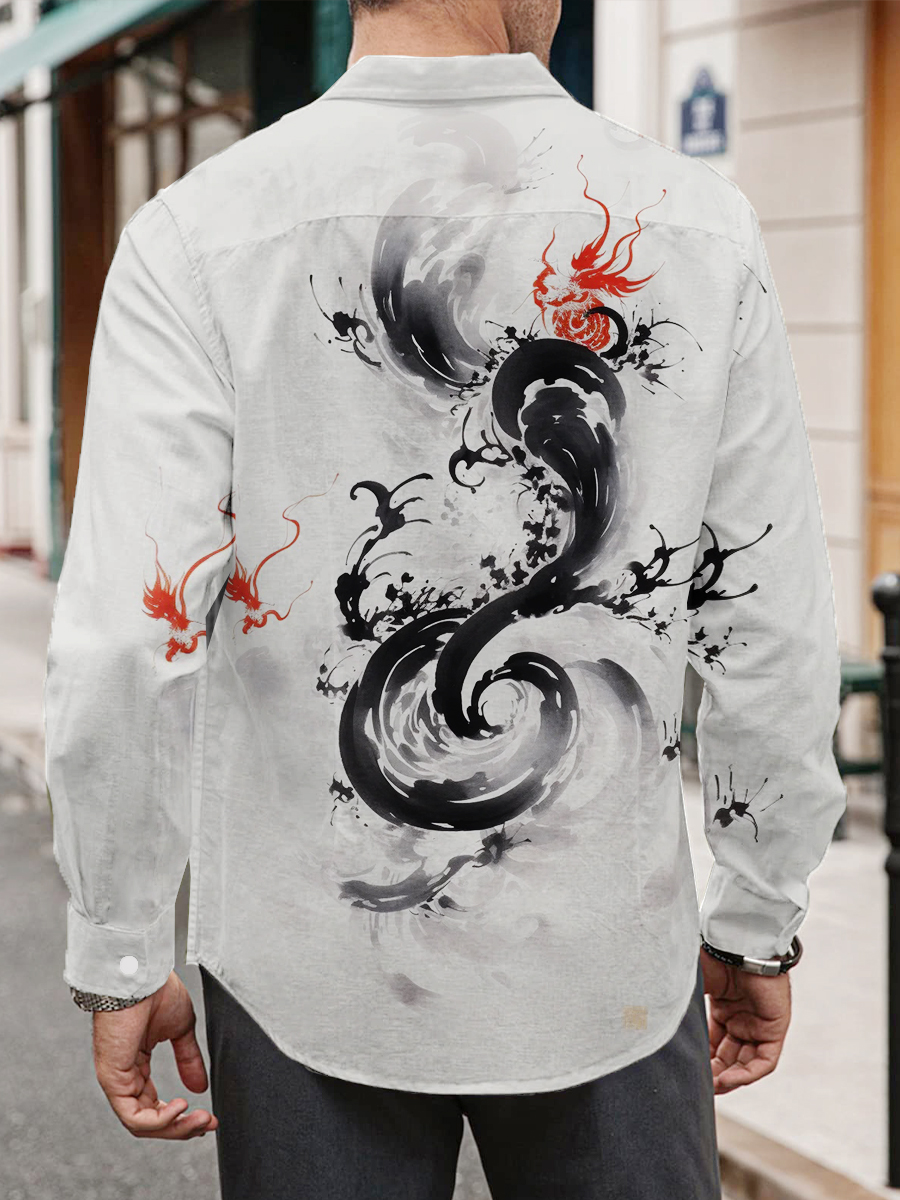 Men's Ink Style Dragon Print Long Sleeve Shirt