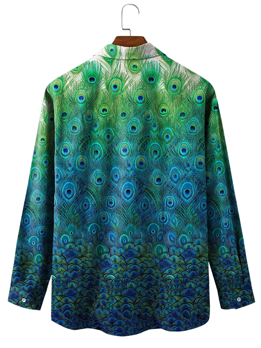 Men's Hawaiian Shirt Peacock Feather Print Casual Vacation Oversized Long Sleeve Shirt