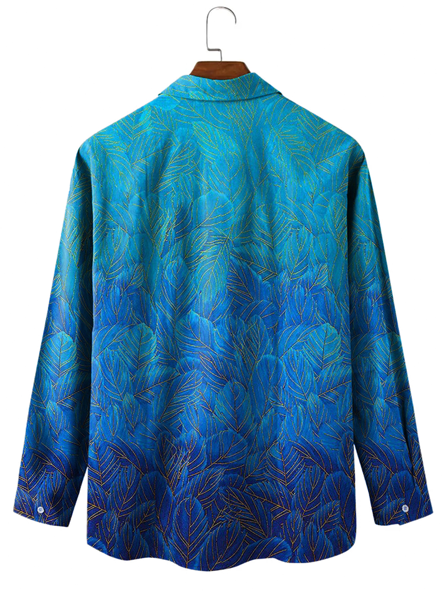 Men's Hawaiian Shirt Blue Feather Print Casual Vacation Oversized Long Sleeve Shirt