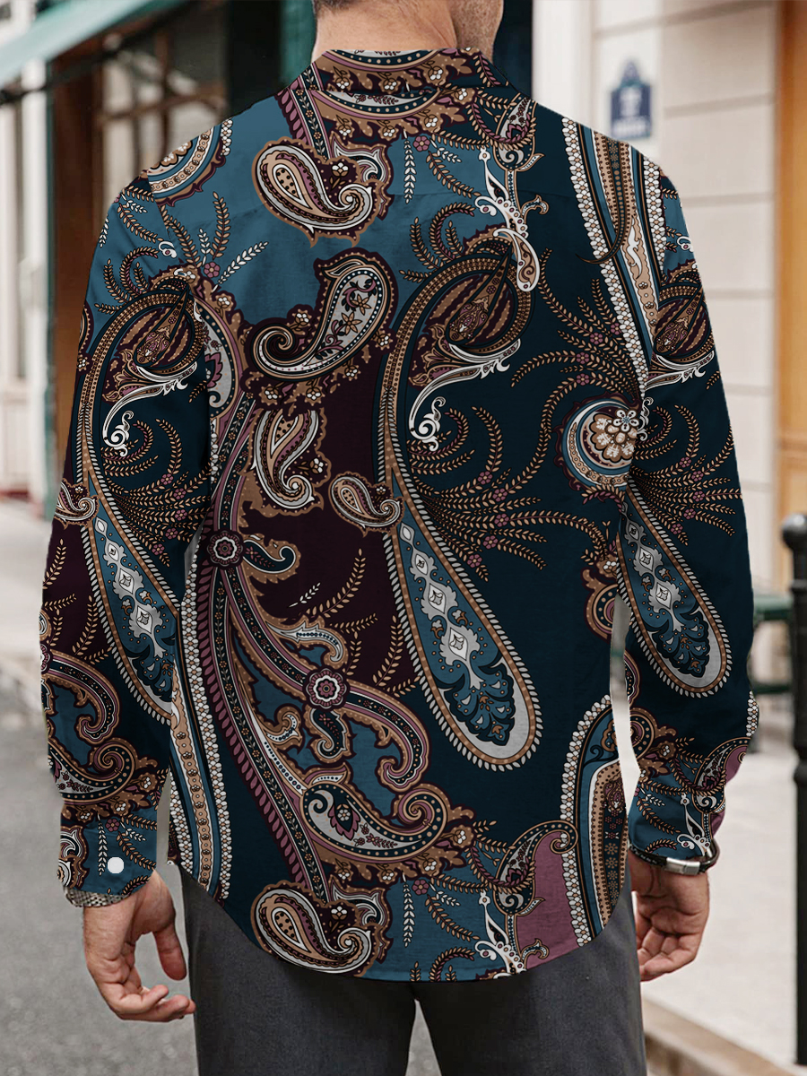 Men's Art Paisley Colorblock Print Long Sleeve Shirt