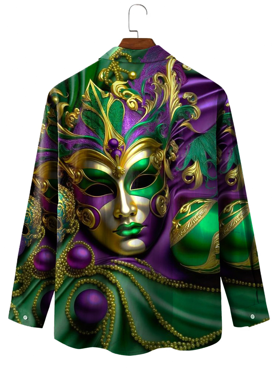 Men's Hawaiian Shirt Mardi Gras Mask Print Casual Vacation Oversized Long Sleeve Shirt