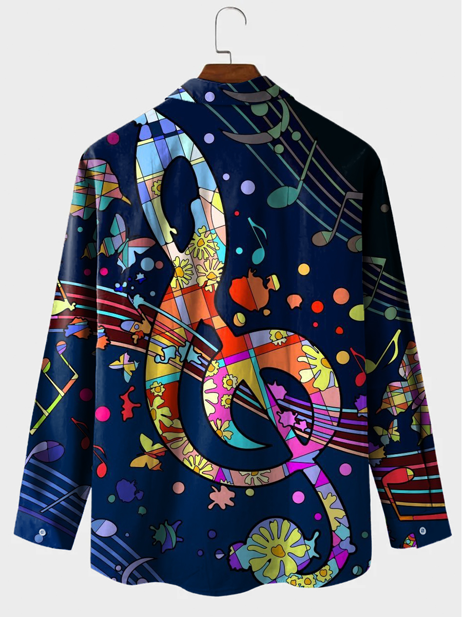 Men's Hawaiian Shirt Art Musical Note Print Casual Vacation Oversized Long Sleeve Shirt