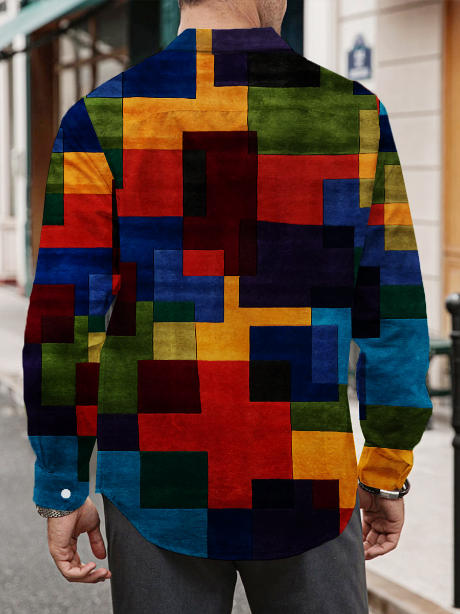 Men's Multicolor Colorblock Print Long Sleeve Shirt