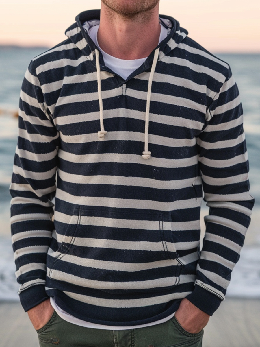 Men's Casual Hoodie Navy Stripes Print Casual Hoodie
