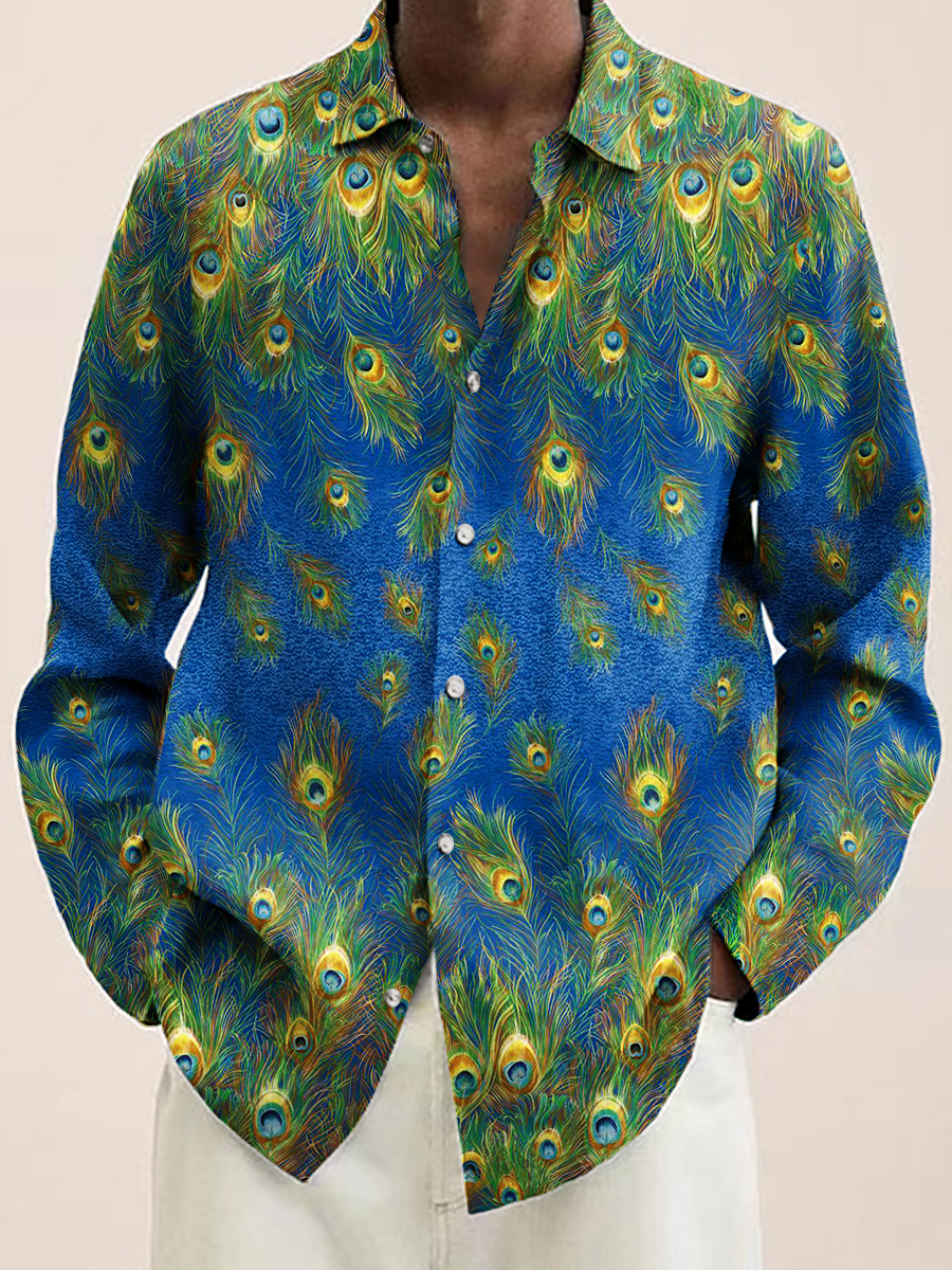 Men's Art Peacock Feather Print Long Sleeve Shirt