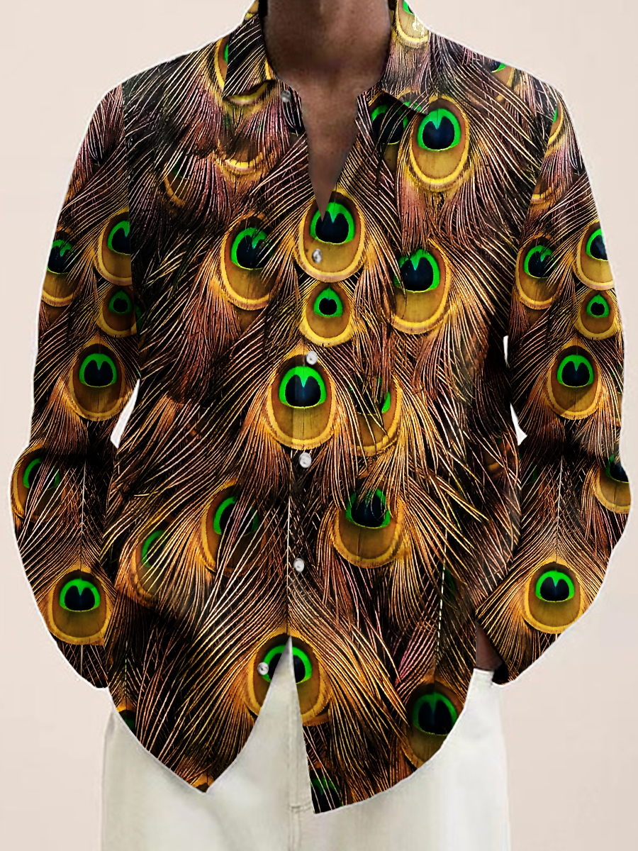 Golden Peacock Feather Print Long Sleeve Hawaiian Shirt