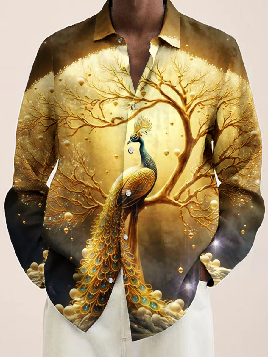 Men's Hawaiian Shirt Golden Peacock Print Casual Vacation Oversized Long Sleeve Shirt