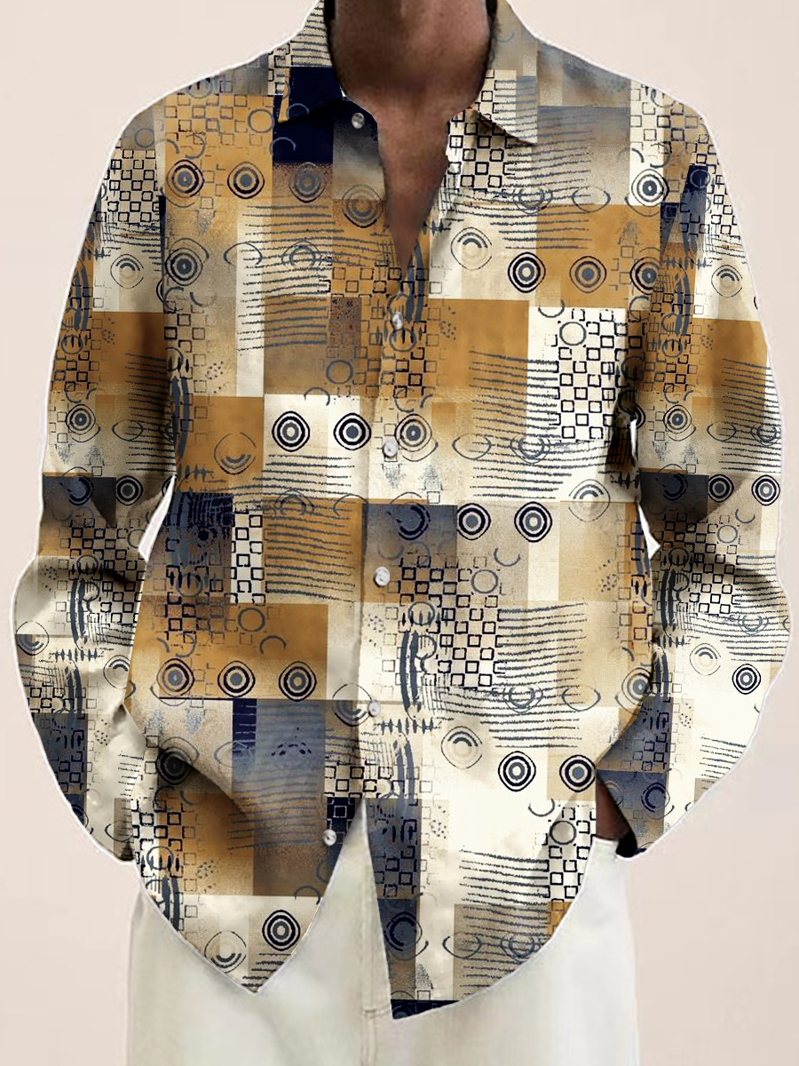 Men's Retro Geometry Print Long Sleeve Shirt