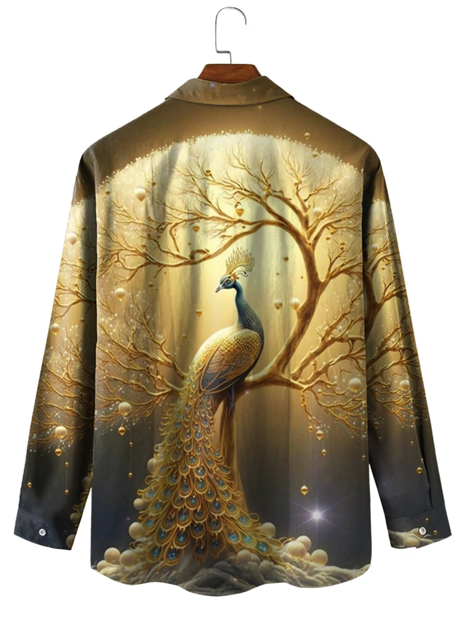 Men's Hawaiian Shirt Golden Peacock Print Casual Vacation Oversized Long Sleeve Shirt