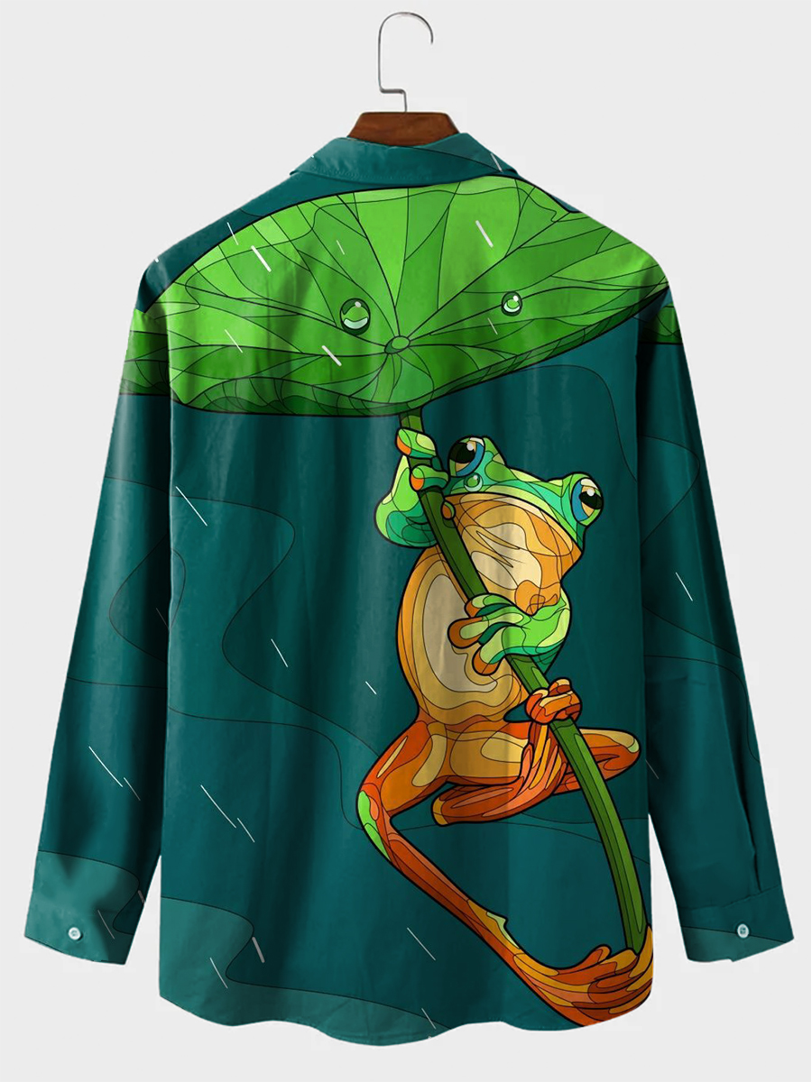 Men's Hawaiian Shirt Frog Painting Print Casual Vacation Oversized Long Sleeve Shirt