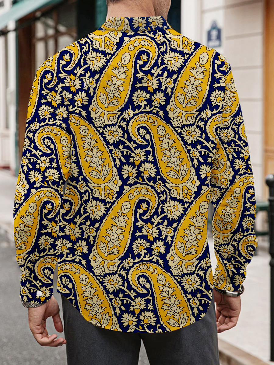 Men's Shirt Yellow Paisley Pattern Print Casual Vacation Oversized Long Sleeve Shirt