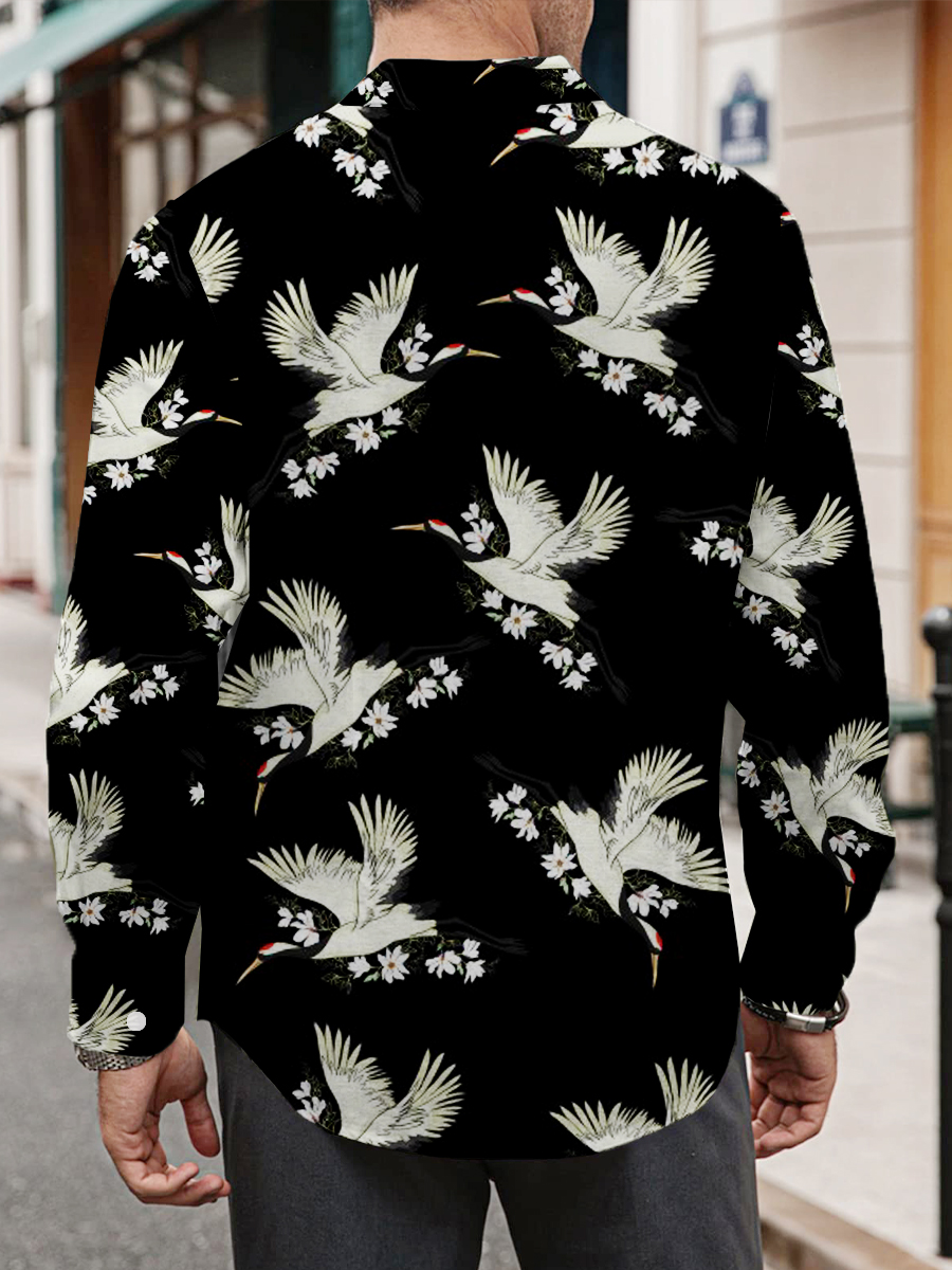Men's Art Crane Print Long Sleeve Shirt