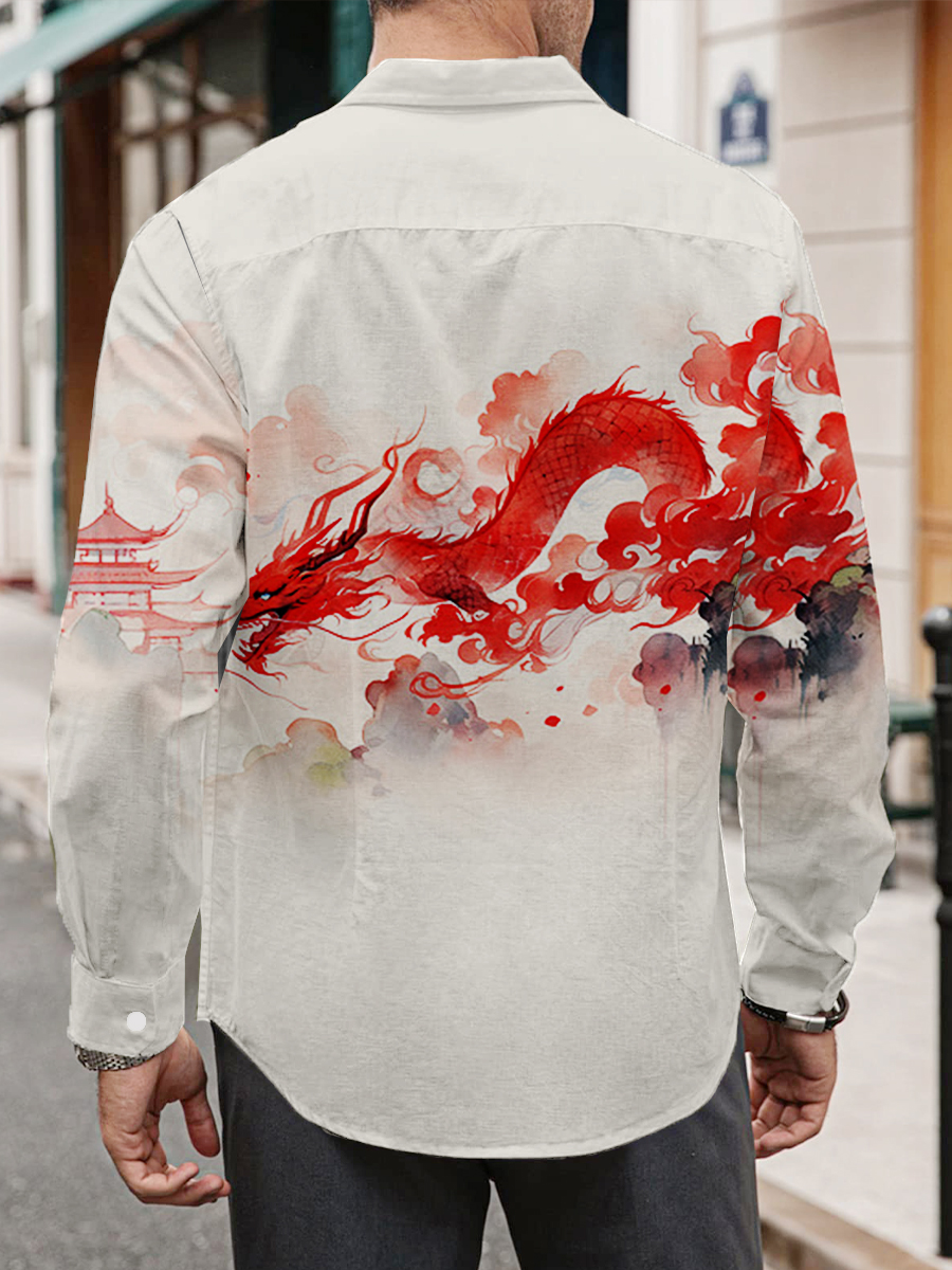 Chinese Ink Dragon Pattern Print Long Sleeve Hawaiian Shirt
