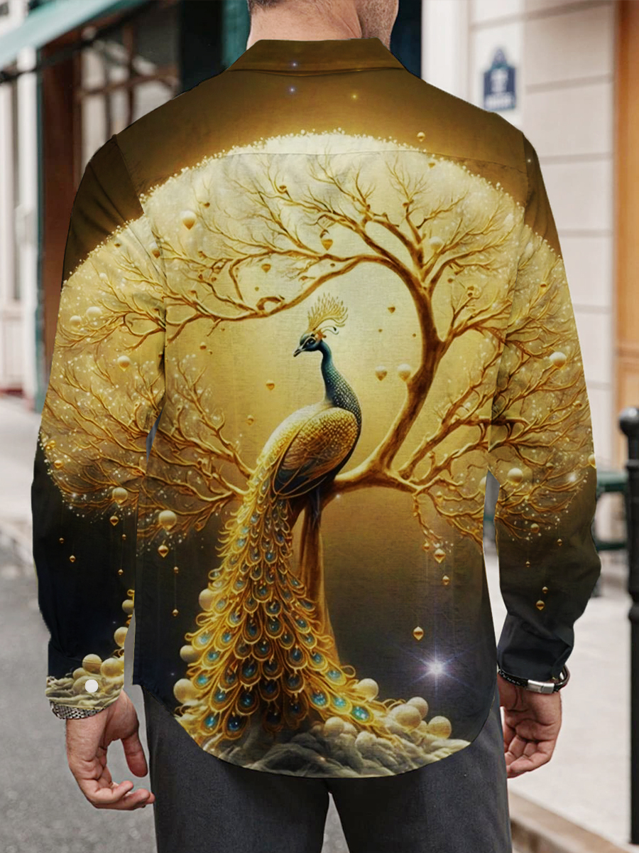 Men's Art Peacock Print Long Sleeve Shirt