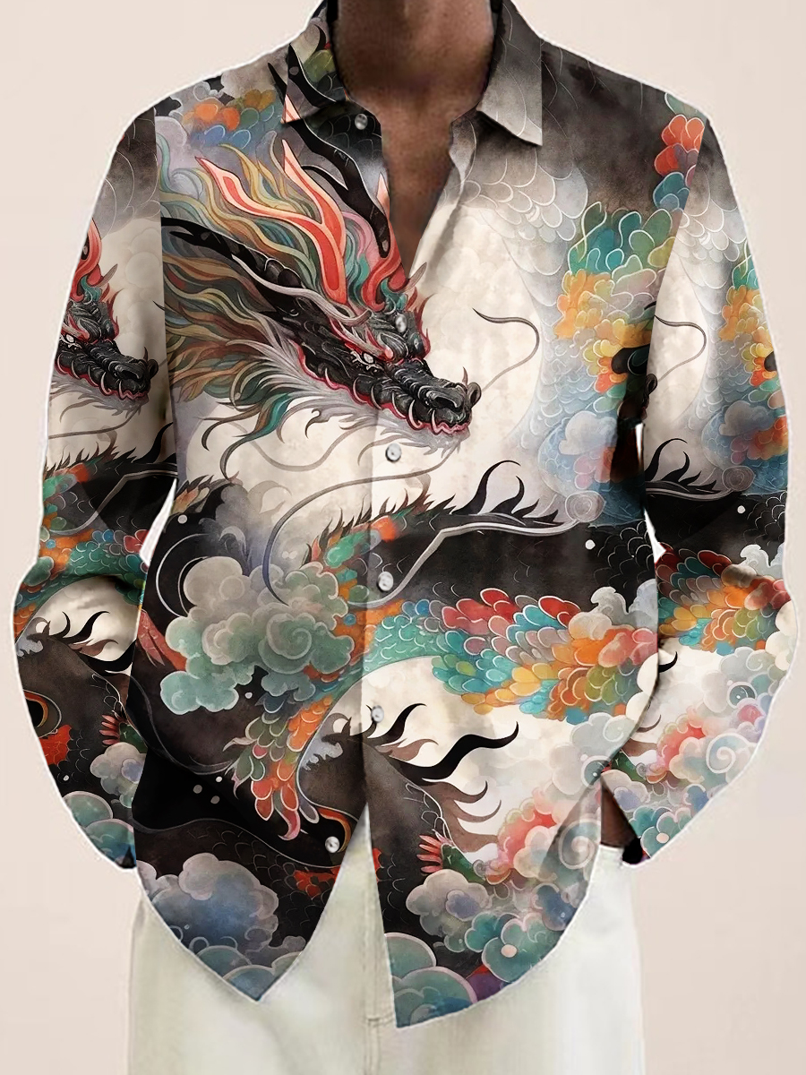 Dragon Pattern Long Sleeve Hawaiian Shirt