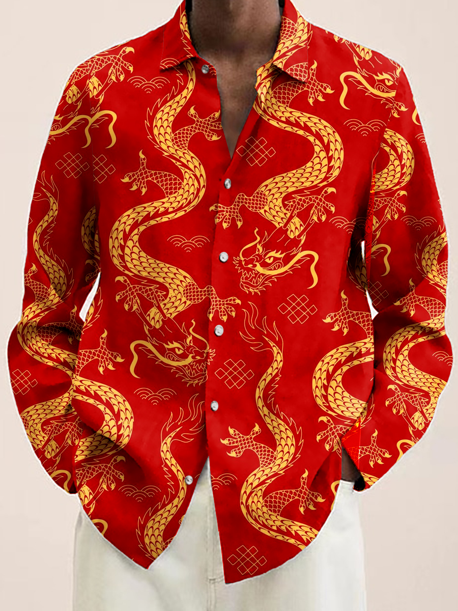 Art New Year Dragon Print Long Sleeve Hawaiian Shirt