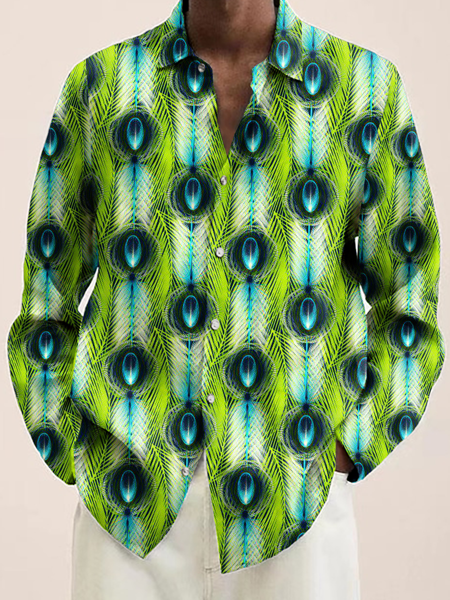 Men's Peacock Feather Print Long Sleeve Shirt