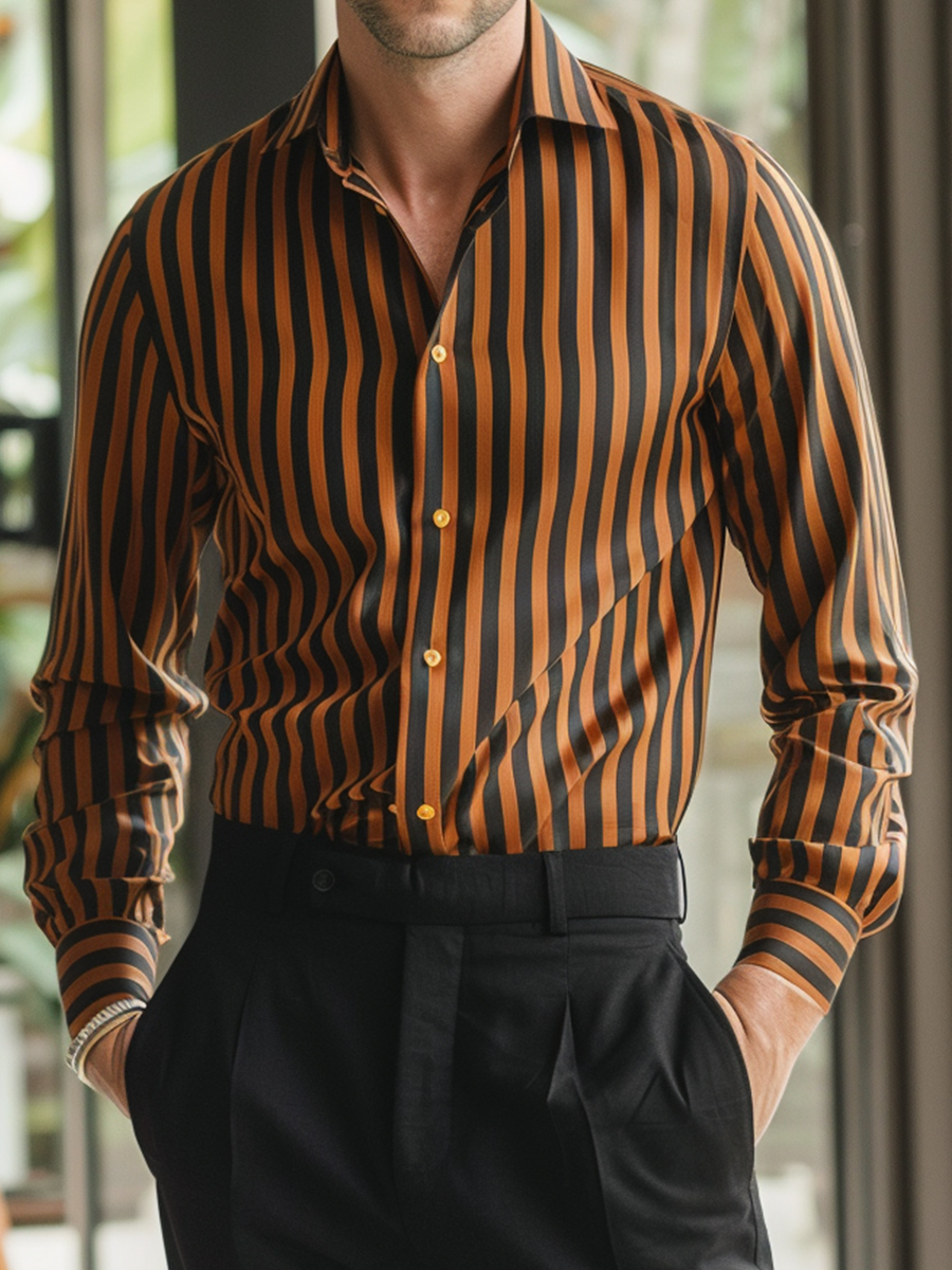 Men's Brown Striped Navy Long Sleeve Shirt