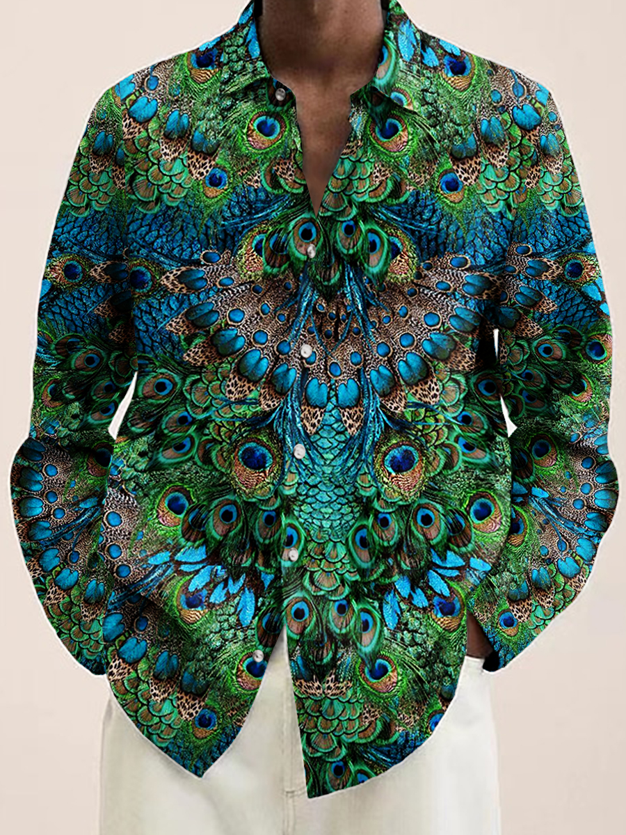 Men's Hawaiian Shirt Peacock Feather Print Casual Vacation Oversized Long Sleeve Shirt