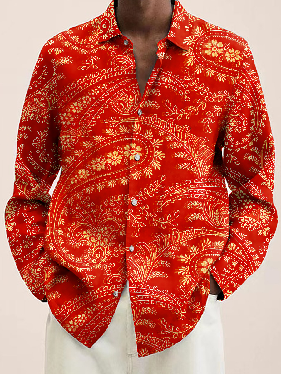 Red Paisley Pattern Casual Loose Long Sleeved Shirt