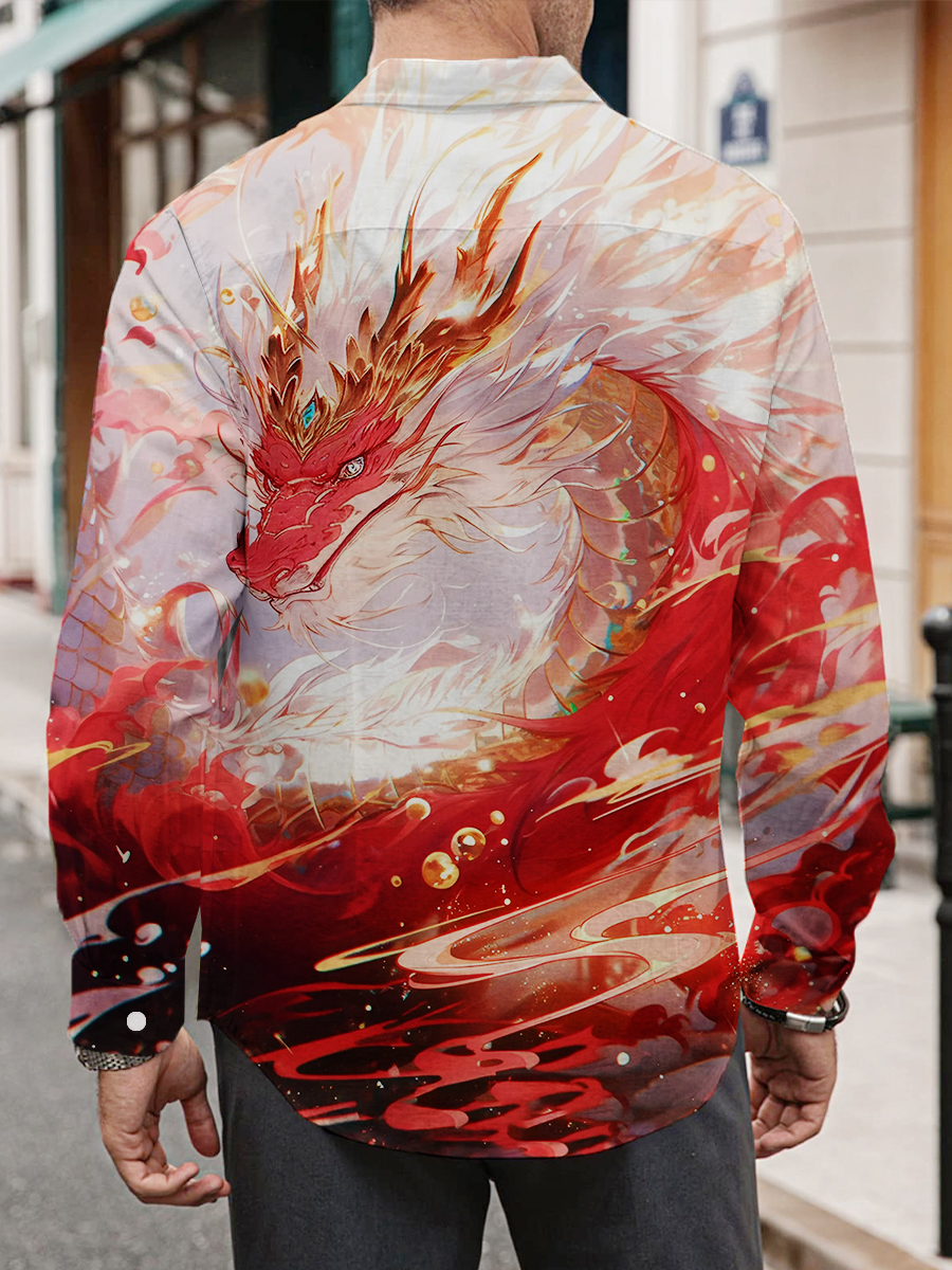 Art Vintage Chinese Loong Print Long Sleeve Hawaiian Shirt