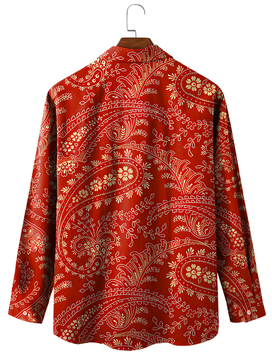 Red Paisley Pattern Casual Loose Long Sleeved Shirt