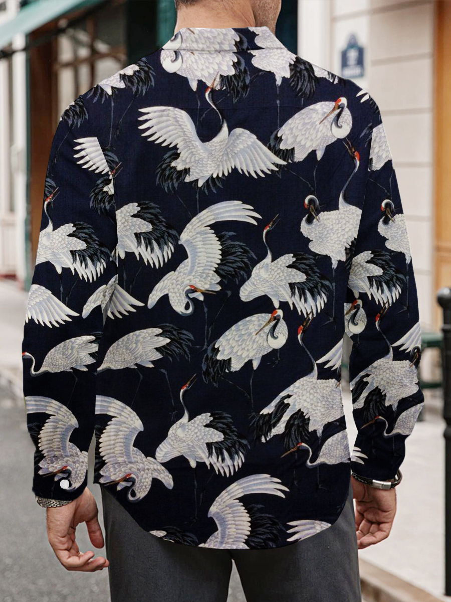 Men's Art White Crane Print Long Sleeve Shirt